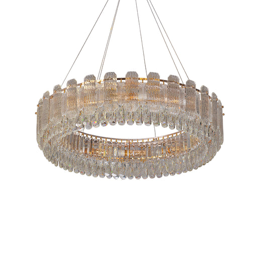 Double-Ring Textured Crystal Chandelier - Luxury Gold-Tone LED Hanging Light for Grand Spaces
