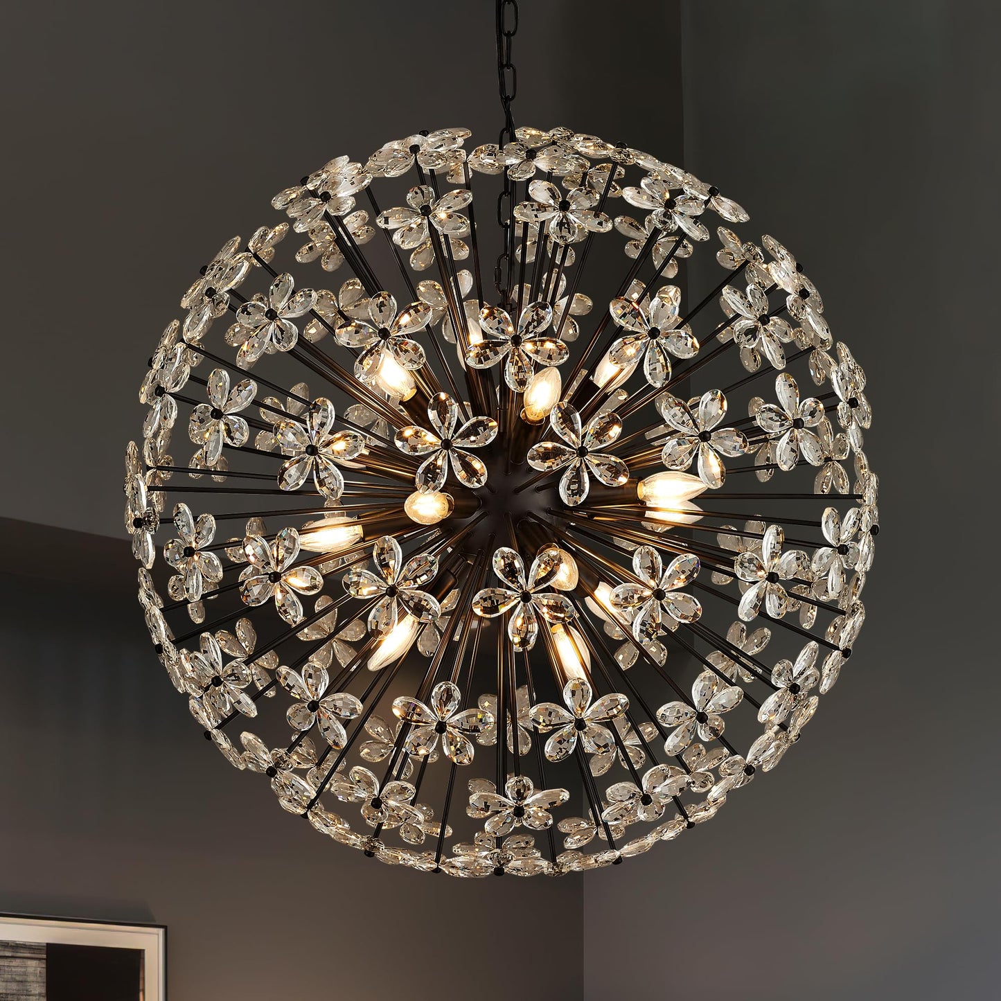 31" Modern Black Crystal Sputnik Chandelier for Dining Living Room Glam Luxury Petal Orb Globe Chandelier 12-Light for Foyer Hallway Elegant Pendant Ceiling Light Fixture for Kitchen Bedroom