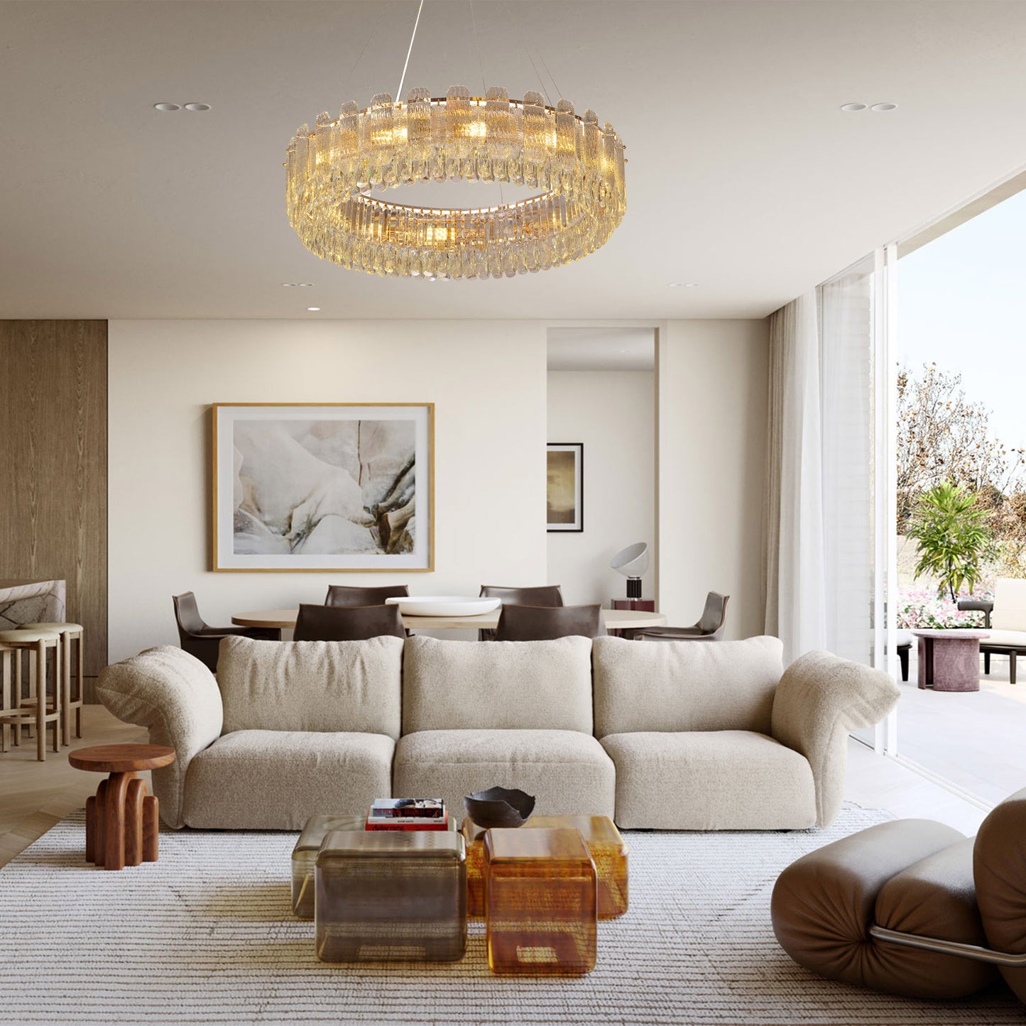 Double-Ring Textured Crystal Chandelier - Luxury Gold-Tone LED Hanging Light for Grand Spaces