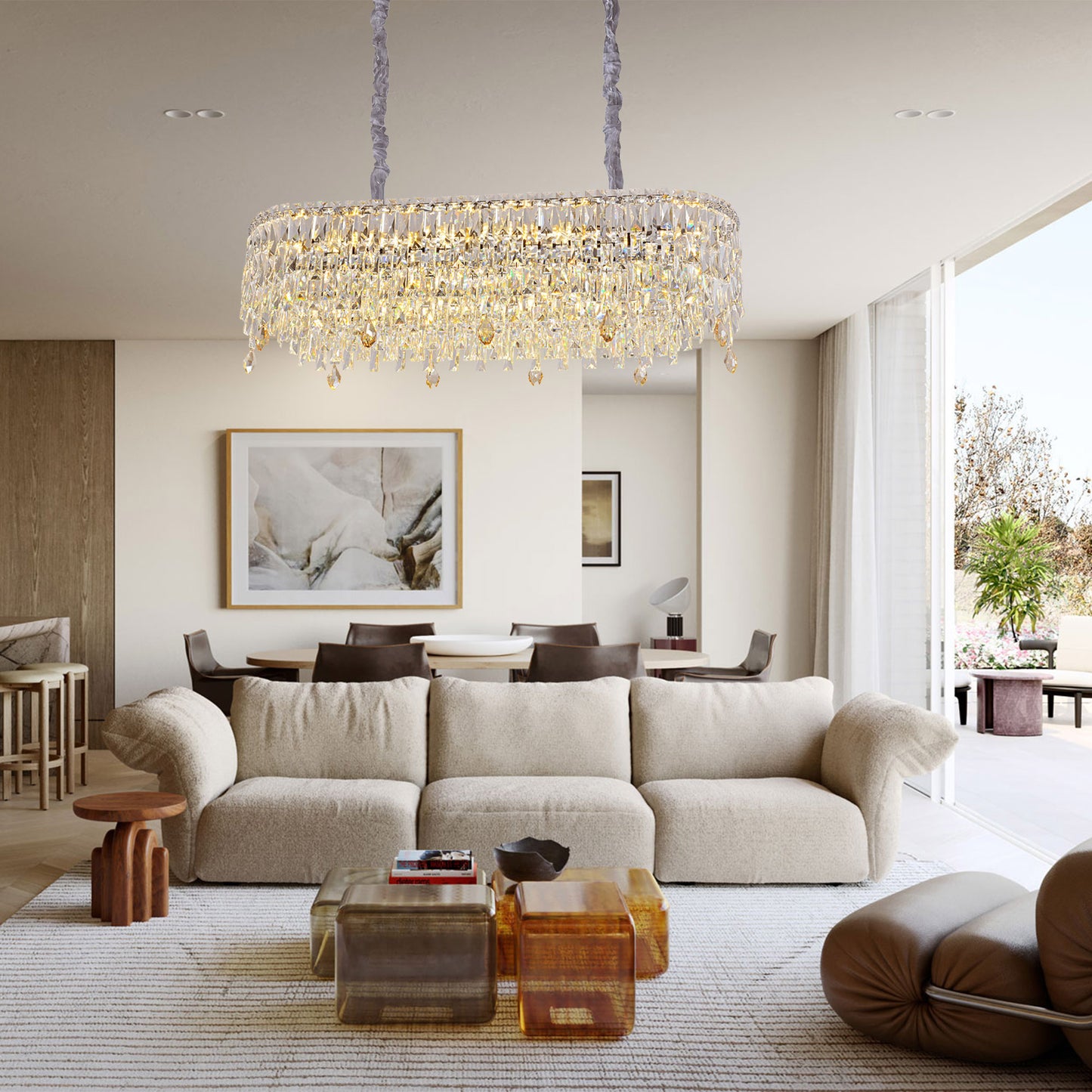 Sleek Oval Crystal Chandelier - Minimalist Multi-Tier Clear Crystal Pendant Light for Modern Dining & Living Spaces