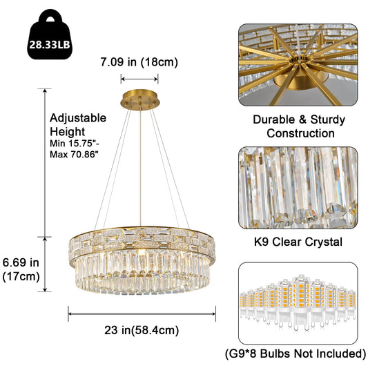 Crystal Chandeliers, 23" 8-Light Round Chandelier for Living Room, Modern Chandelier for Bedroom, Foyer Chandeliers for Entryway, Dining Room Lighting Fixture Hanging Lights