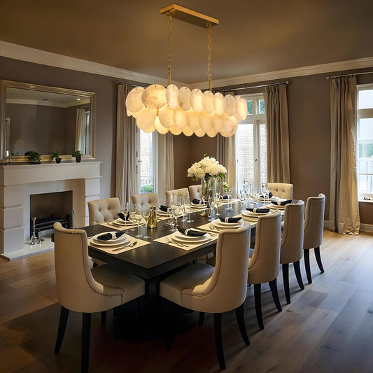 Alabaster Rectangle Chandelier, L39.4'' Natural Spanish Marble Stone Textur Chandeliers, 11-Light Dimmable Chandelier Over Table for Kitchen Island, Living Room, Hallway- Modern Luxury Lighting