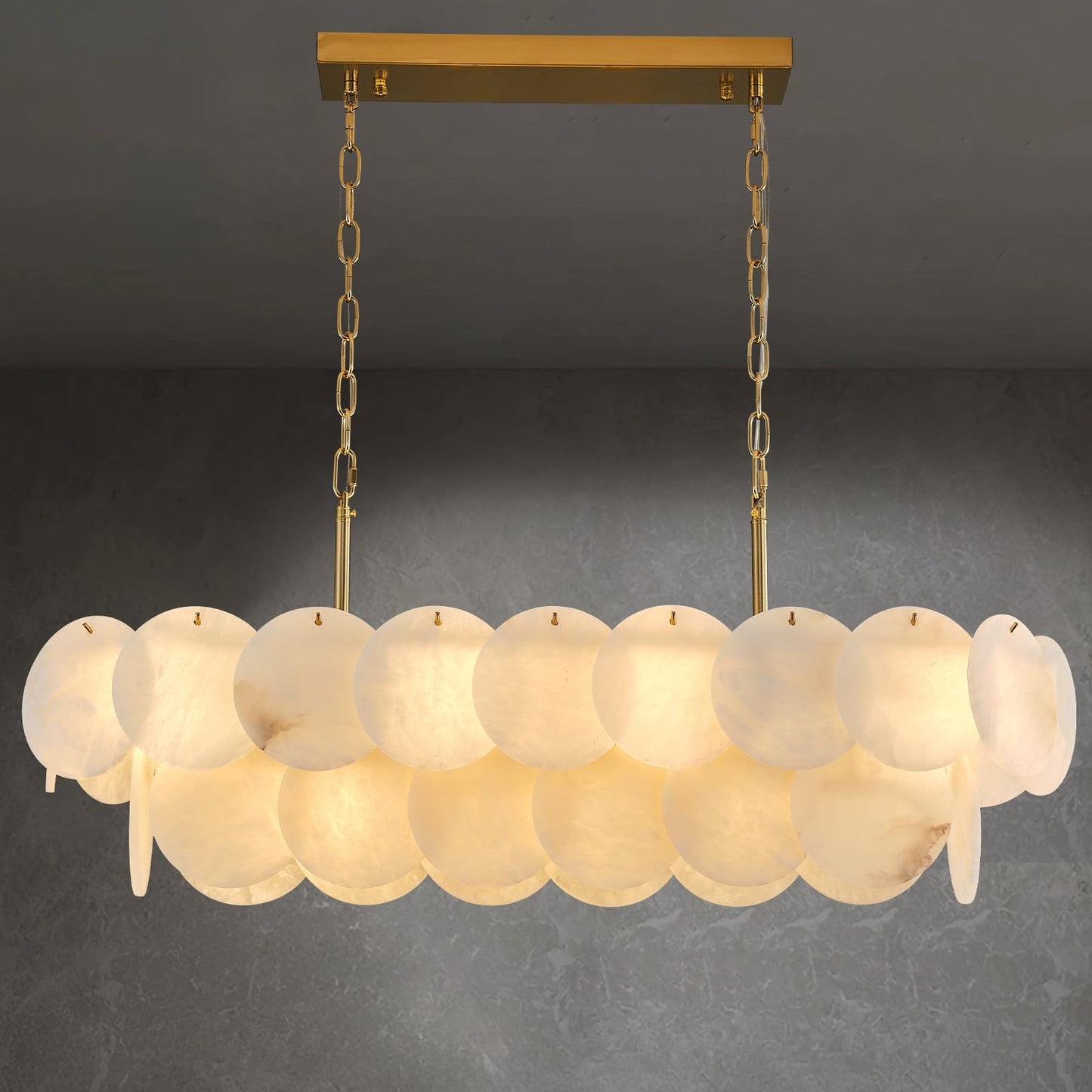 Alabaster Rectangle Chandelier, L39.4'' Natural Spanish Marble Stone Textur Chandeliers, 11-Light Dimmable Chandelier Over Table for Kitchen Island, Living Room, Hallway- Modern Luxury Lighting