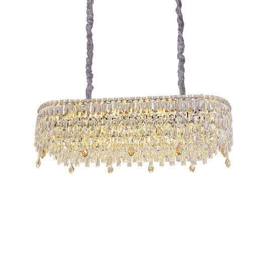 Sleek Oval Crystal Chandelier - Minimalist Multi-Tier Clear Crystal Pendant Light for Modern Dining & Living Spaces