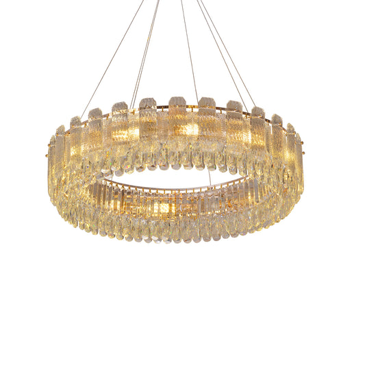 Double-Ring Textured Crystal Chandelier - Luxury Gold-Tone LED Hanging Light for Grand Spaces