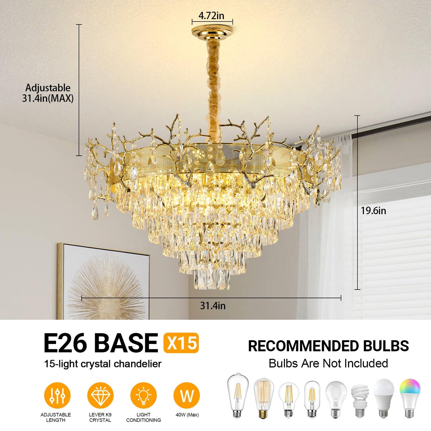 Modern Gold Crystal Chandelier, 23.6'' Round Chandeliers for Dining Room 4-Tier K9 Ceiling Pendant Light Fixtures,French Raindrop Flush Mount Hanging Chandelier for Foyer Living Room Staircase