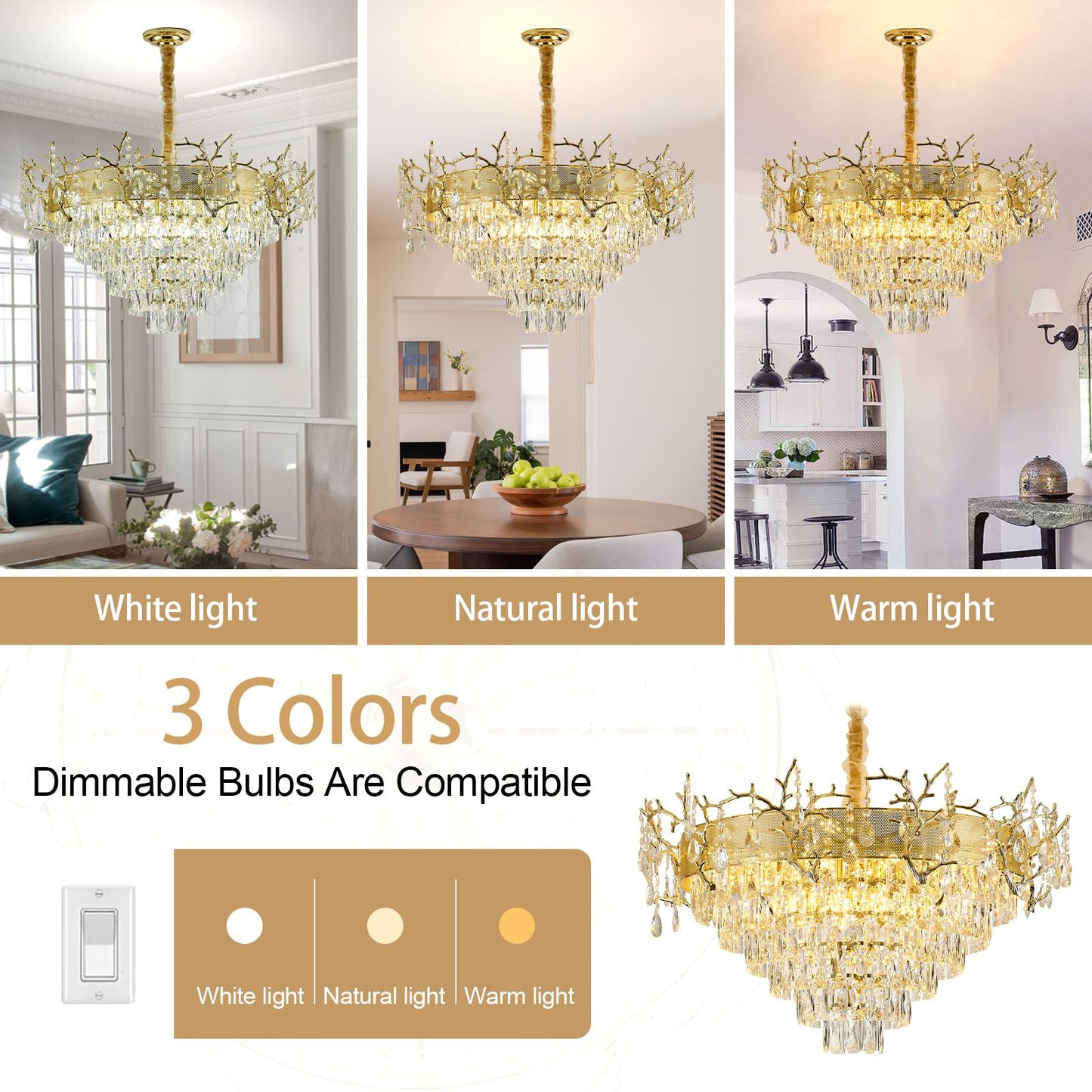 Modern Gold Crystal Chandelier, 23.6'' Round Chandeliers for Dining Room 4-Tier K9 Ceiling Pendant Light Fixtures,French Raindrop Flush Mount Hanging Chandelier for Foyer Living Room Staircase