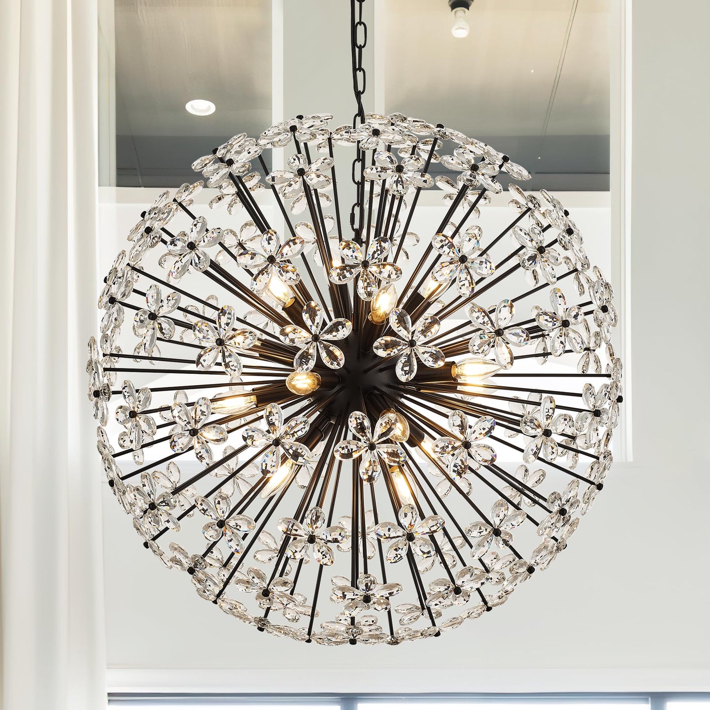 31" Modern Black Crystal Sputnik Chandelier for Dining Living Room Glam Luxury Petal Orb Globe Chandelier 12-Light for Foyer Hallway Elegant Pendant Ceiling Light Fixture for Kitchen Bedroom