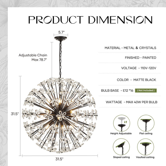 31" Modern Black Crystal Sputnik Chandelier for Dining Living Room Glam Luxury Petal Orb Globe Chandelier 12-Light for Foyer Hallway Elegant Pendant Ceiling Light Fixture for Kitchen Bedroom