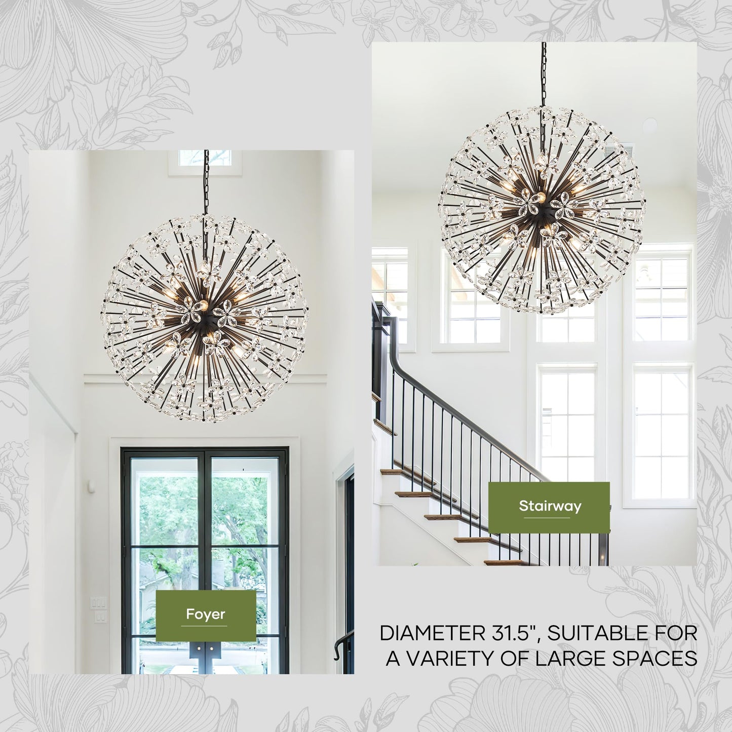 31" Modern Black Crystal Sputnik Chandelier for Dining Living Room Glam Luxury Petal Orb Globe Chandelier 12-Light for Foyer Hallway Elegant Pendant Ceiling Light Fixture for Kitchen Bedroom