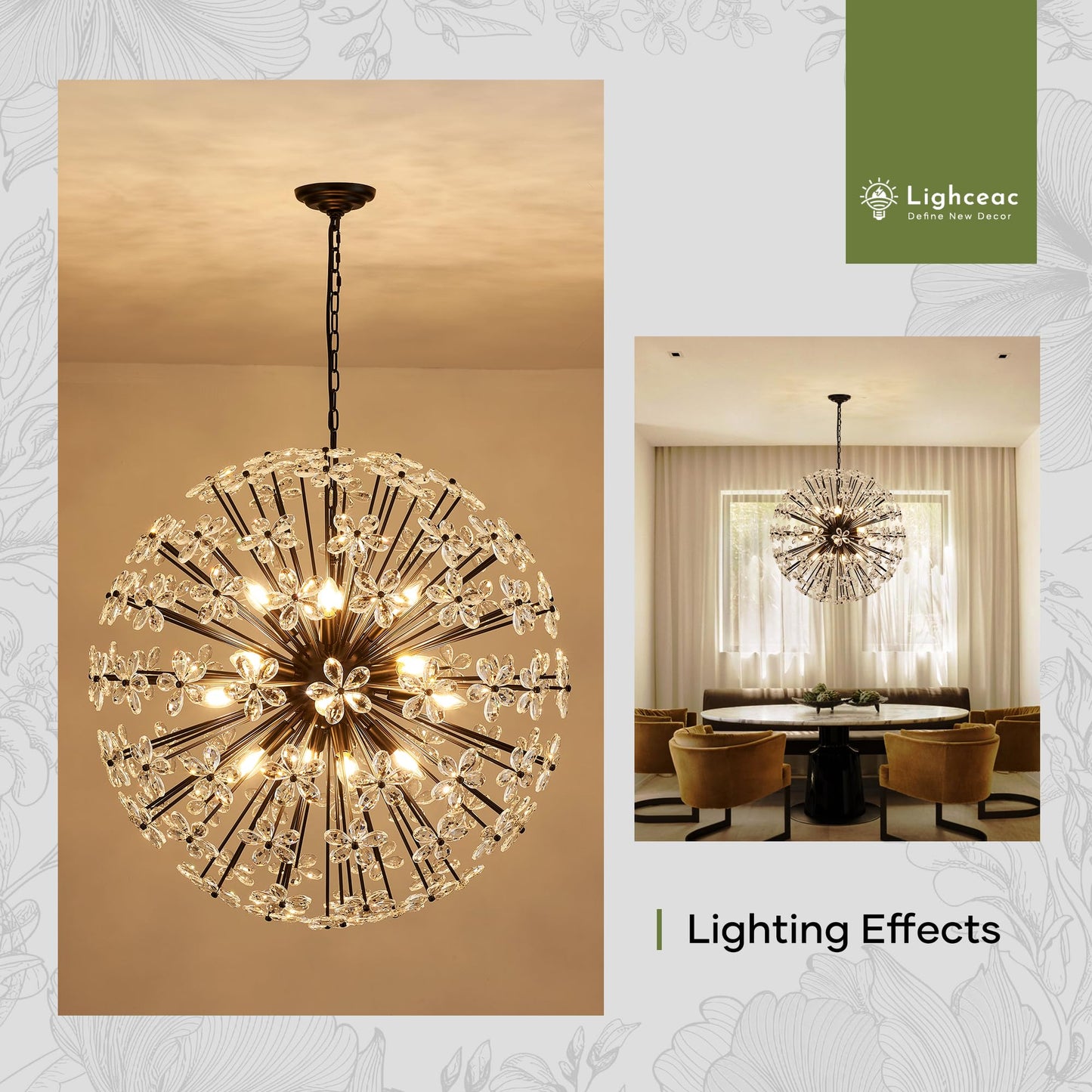 31" Modern Black Crystal Sputnik Chandelier for Dining Living Room Glam Luxury Petal Orb Globe Chandelier 12-Light for Foyer Hallway Elegant Pendant Ceiling Light Fixture for Kitchen Bedroom