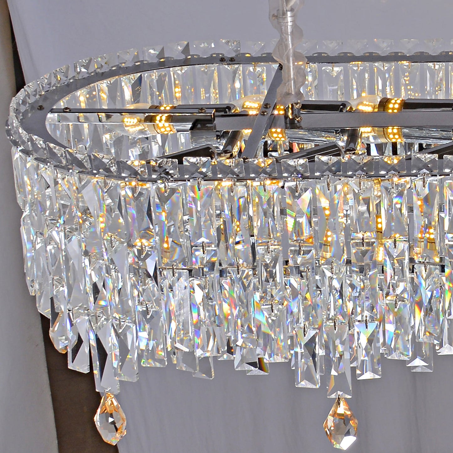 Sleek Oval Crystal Chandelier - Minimalist Multi-Tier Clear Crystal Pendant Light for Modern Dining & Living Spaces