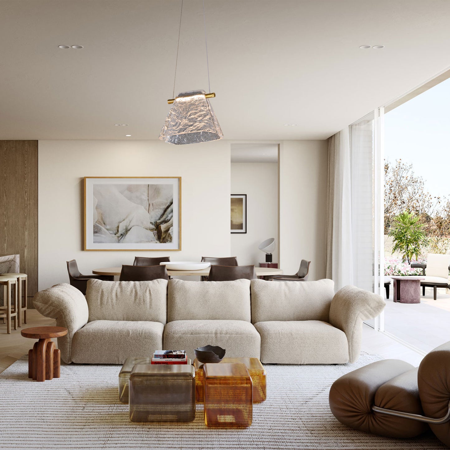 Artisan Textured Glass Pendant Light with Brass Accents - Modern Minimalist Hanging Lamp for Dining/Kitchen