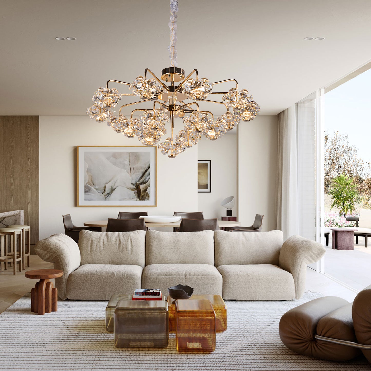 Layered 17-light transparent crystal chandelier - a stylish LED pendant light suitable for modern spaces.