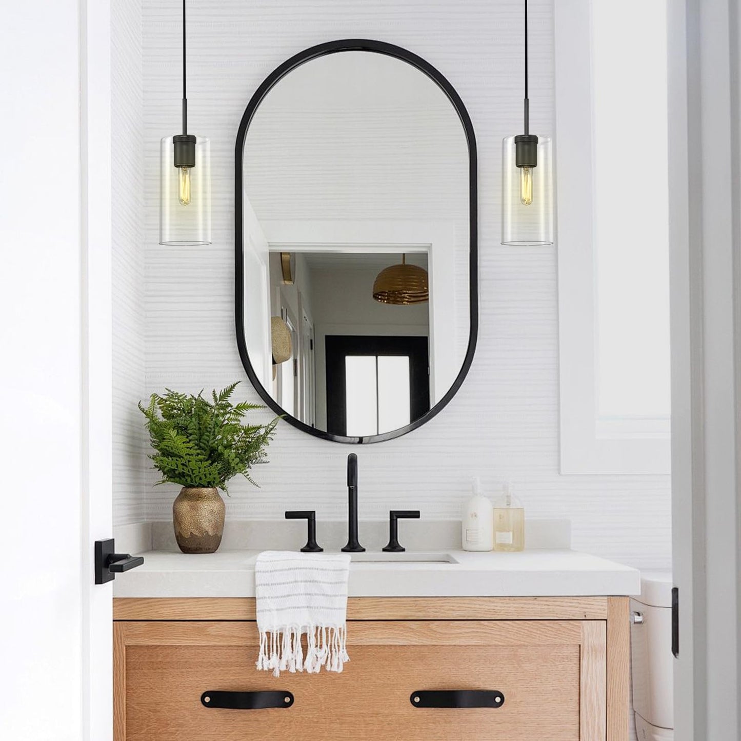 Modern Black Pendant Lights Kitchen Island Glass Pendant Light, 9.5'' Farmhouse Clear Glass Cylinder Pendant Light,Copper Kitchen Pendant Lighting Over Island Sink, E26 Bulb Included