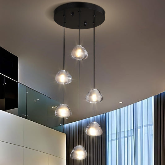 6-Light Crystal Staircase Chandelier, Modern Black Ceiling Light Fixture Pendant Light with Bubble Shades, Adjustable Long Chandelier for Foyer Kitchen Island Dining Room Bedroom and Living Room