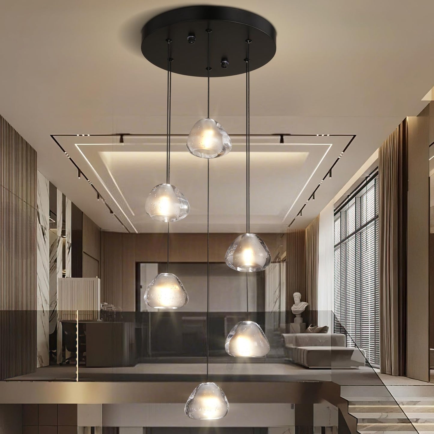 6-Light Crystal Staircase Chandelier, Modern Black Ceiling Light Fixture Pendant Light with Bubble Shades, Adjustable Long Chandelier for Foyer Kitchen Island Dining Room Bedroom and Living Room