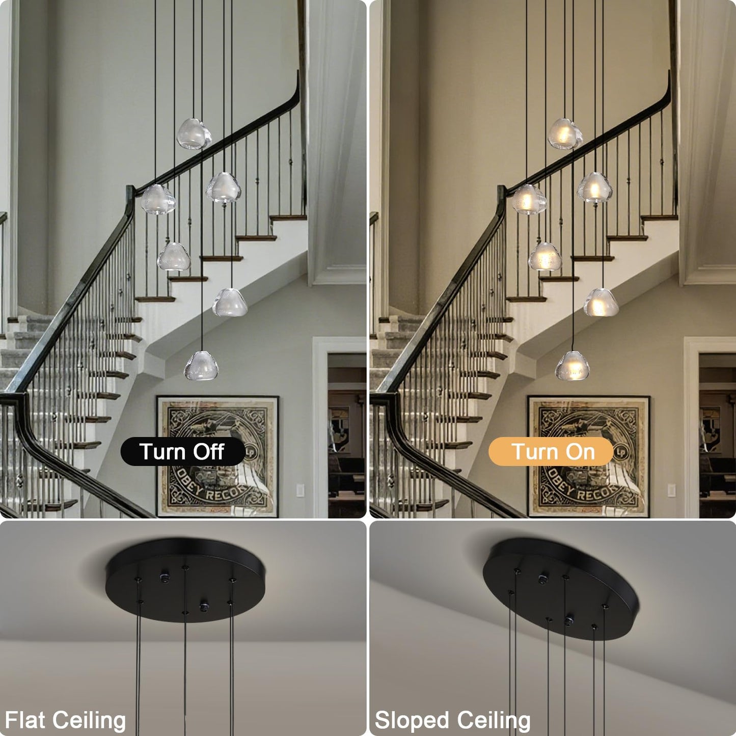 6-Light Crystal Staircase Chandelier, Modern Black Ceiling Light Fixture Pendant Light with Bubble Shades, Adjustable Long Chandelier for Foyer Kitchen Island Dining Room Bedroom and Living Room