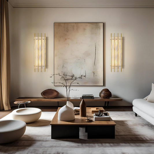 Alabaster Wall Sconce, 24" Natural Marble Wall Sconce, Brass Alabaster Sconces, Indoor Modern Bathroom Sconces Wall Lighting for Living Room, Bedroom, Hallway, Stairs