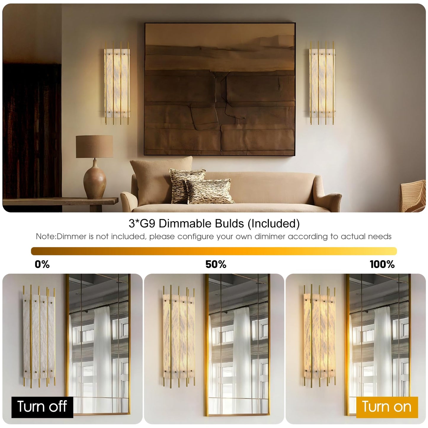 Alabaster Wall Sconce, 24" Natural Marble Wall Sconce, Brass Alabaster Sconces, Indoor Modern Bathroom Sconces Wall Lighting for Living Room, Bedroom, Hallway, Stairs