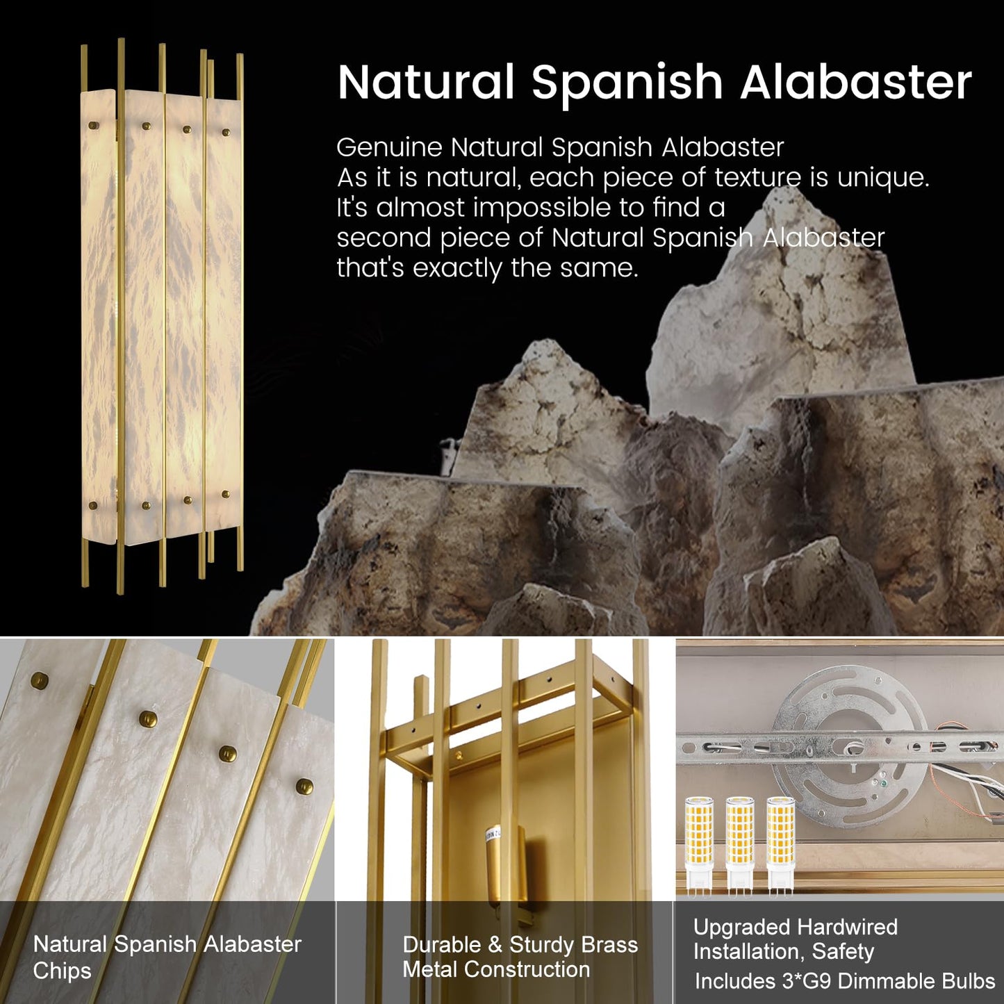 Alabaster Wall Sconce, 24" Natural Marble Wall Sconce, Brass Alabaster Sconces, Indoor Modern Bathroom Sconces Wall Lighting for Living Room, Bedroom, Hallway, Stairs