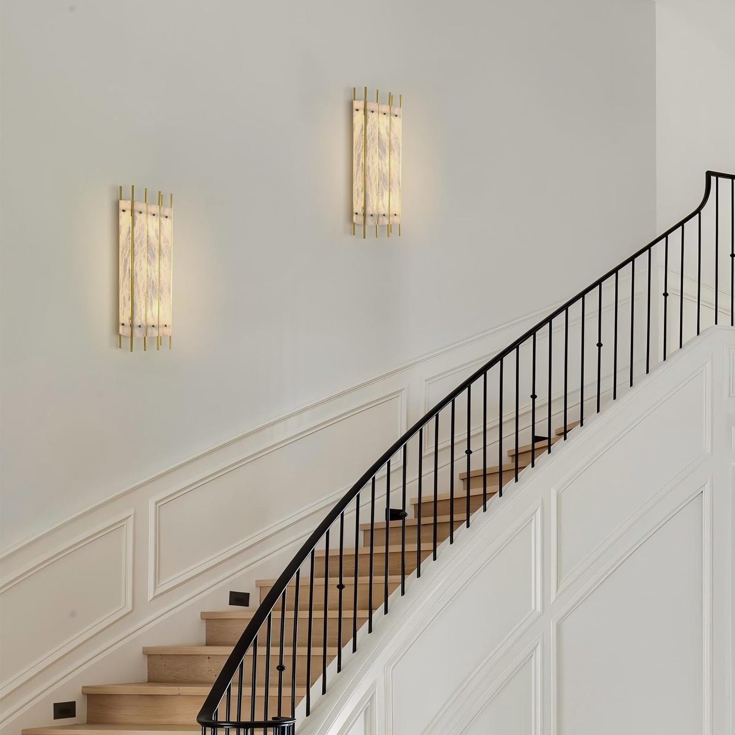Alabaster Wall Sconce, 24" Natural Marble Wall Sconce, Brass Alabaster Sconces, Indoor Modern Bathroom Sconces Wall Lighting for Living Room, Bedroom, Hallway, Stairs