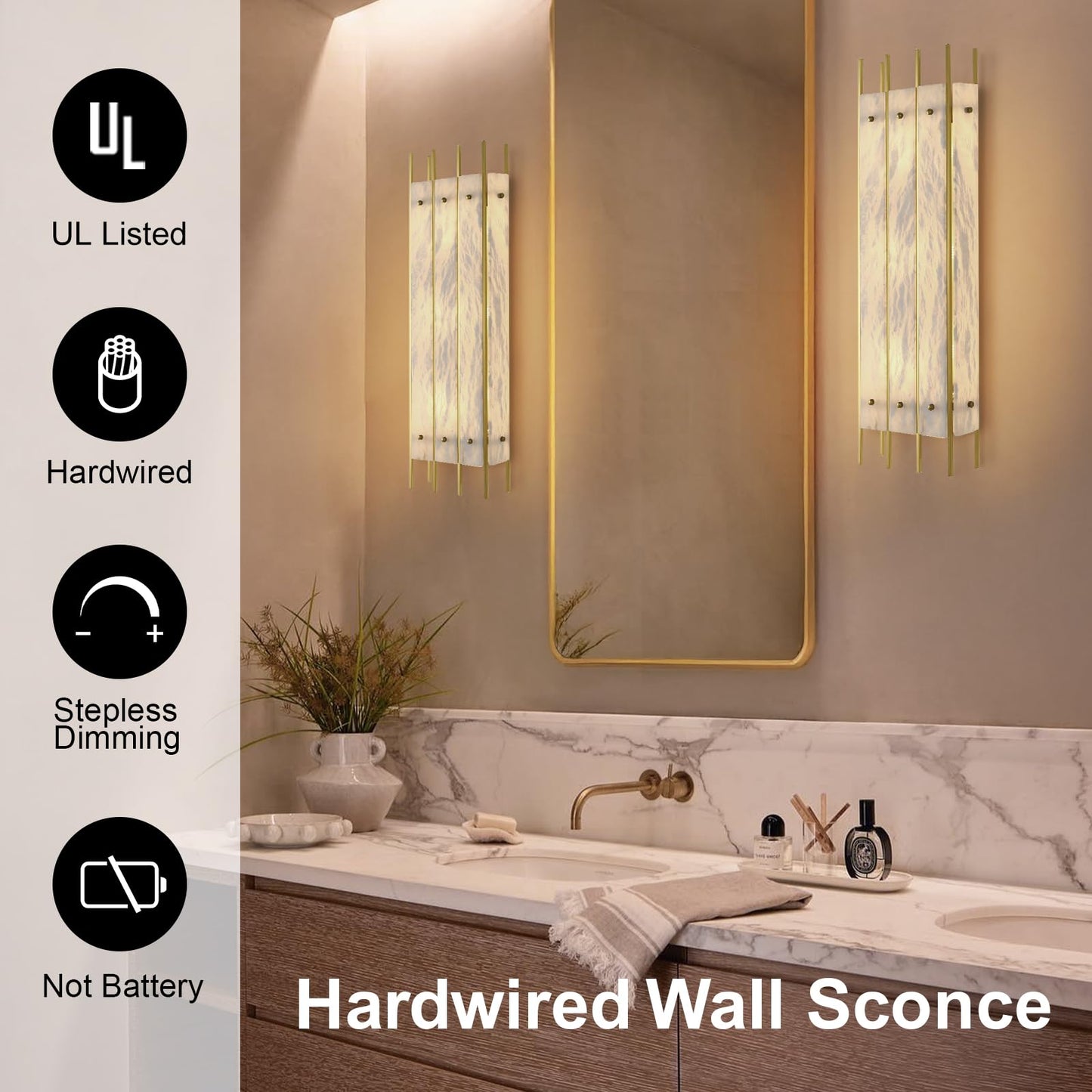 Alabaster Wall Sconce, 24" Natural Marble Wall Sconce, Brass Alabaster Sconces, Indoor Modern Bathroom Sconces Wall Lighting for Living Room, Bedroom, Hallway, Stairs