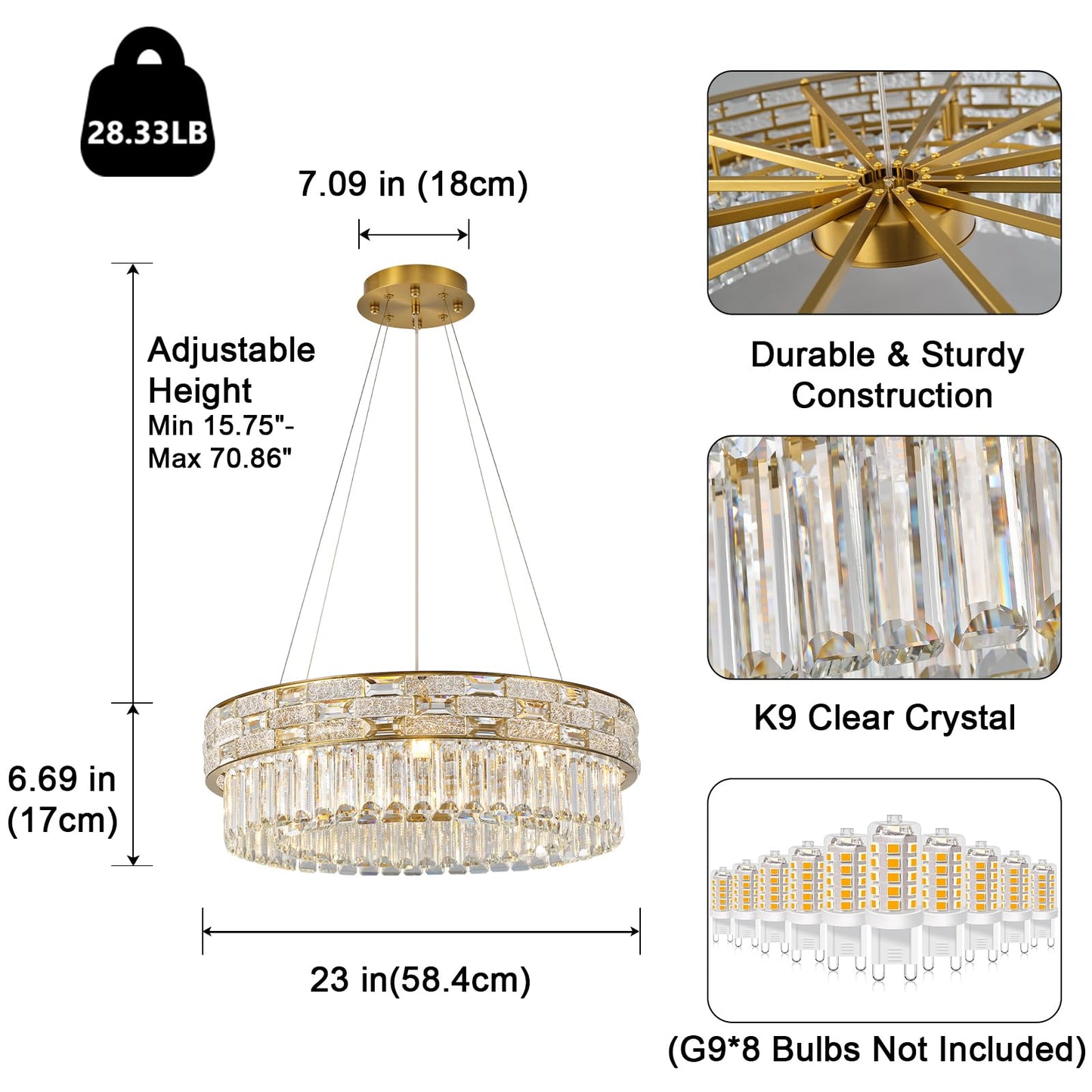 Crystal Chandeliers, 23" 8-Light Round Chandelier for Living Room, Modern Chandelier for Bedroom, Foyer Chandeliers for Entryway, Dining Room Lighting Fixture Hanging Lights
