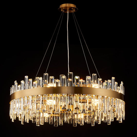 Round Crystal Chandeliers, D31.5 inch 16-Light Black Chandelier Lighting Fixture, Height Adjustable Pendant Ceiling Light for Living Room Dining Room Bedroom