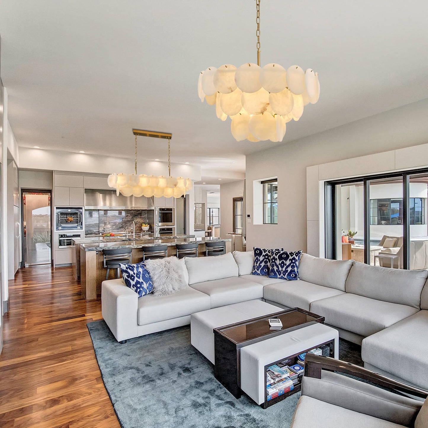 Alabaster Rectangle Chandelier, L39.4'' Natural Spanish Marble Stone Textur Chandeliers, 11-Light Dimmable Chandelier Over Table for Kitchen Island, Living Room, Hallway- Modern Luxury Lighting