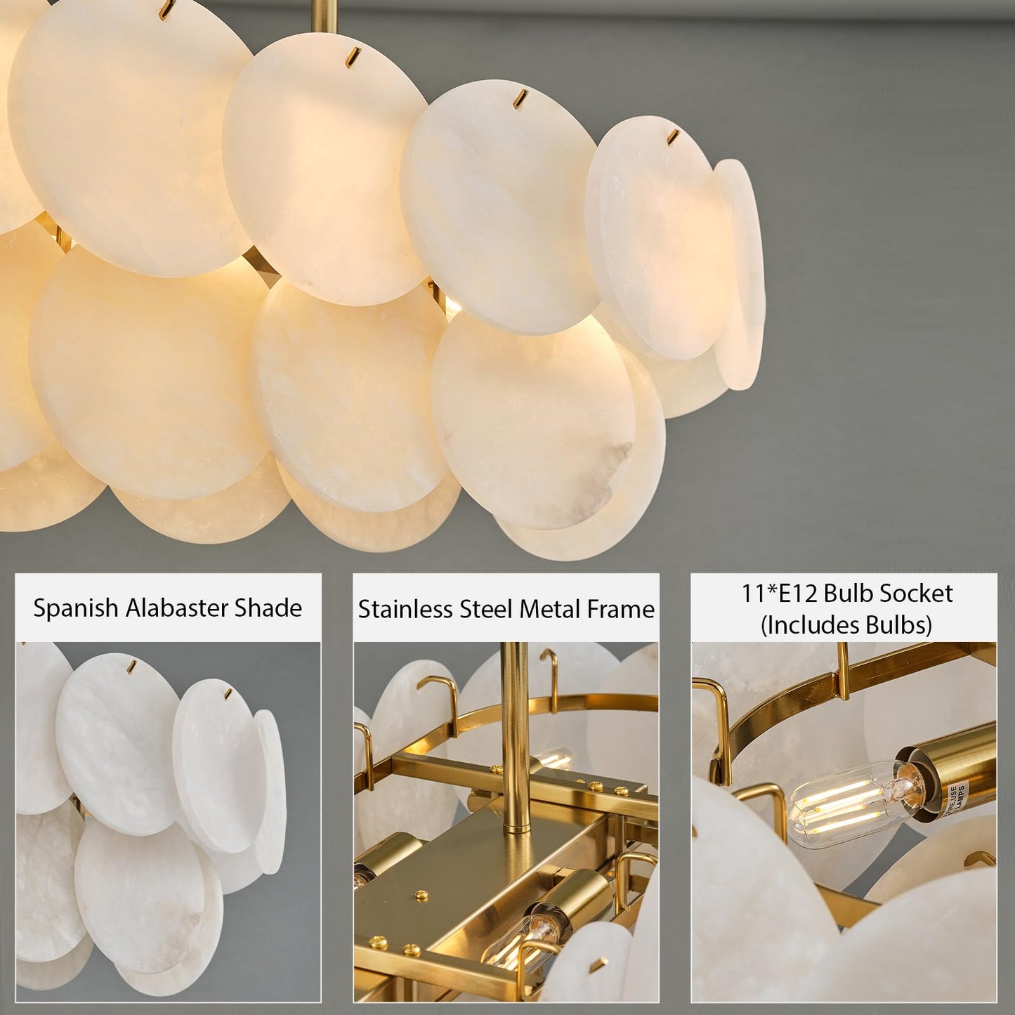 Alabaster Rectangle Chandelier, L39.4'' Natural Spanish Marble Stone Textur Chandeliers, 11-Light Dimmable Chandelier Over Table for Kitchen Island, Living Room, Hallway- Modern Luxury Lighting