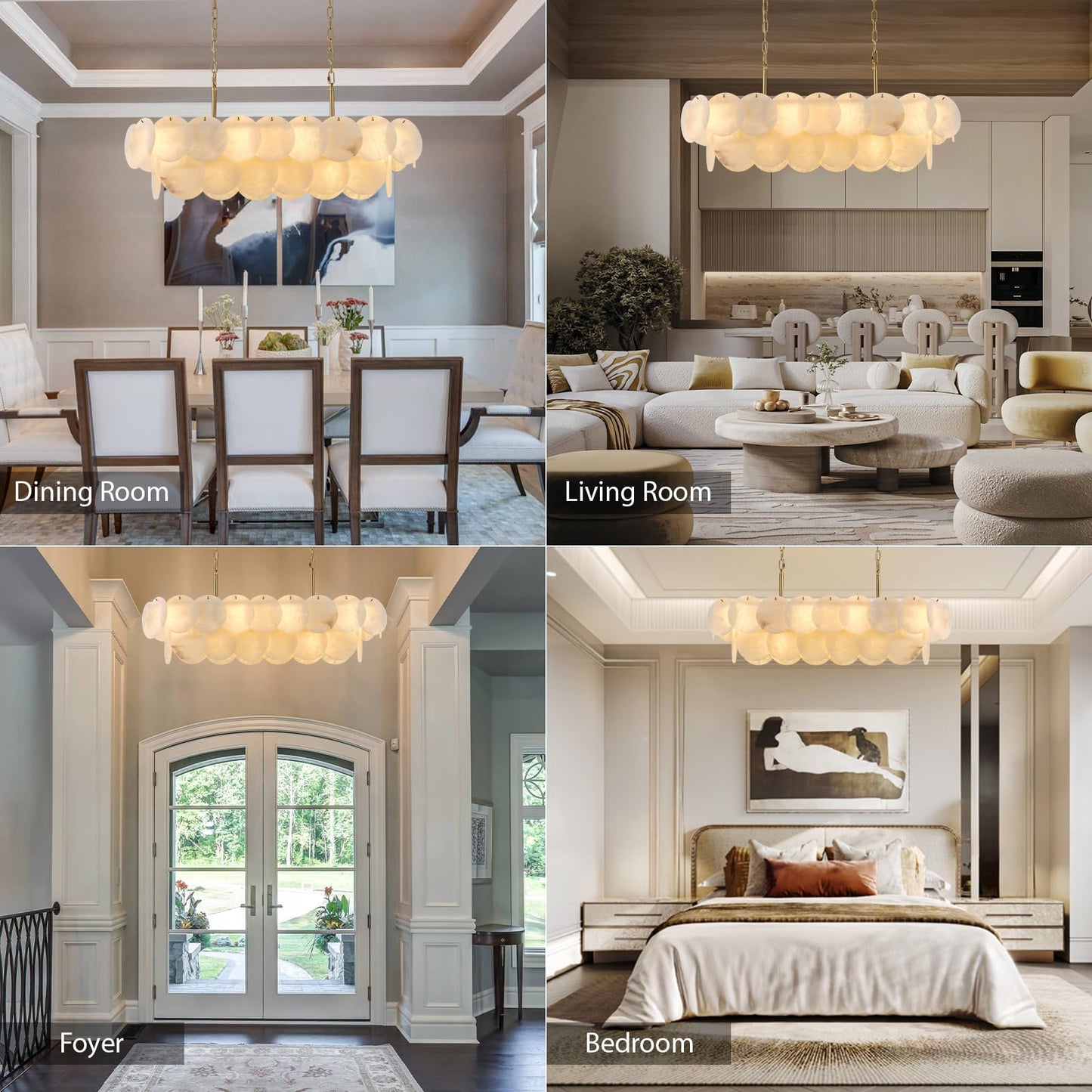 Alabaster Rectangle Chandelier, L39.4'' Natural Spanish Marble Stone Textur Chandeliers, 11-Light Dimmable Chandelier Over Table for Kitchen Island, Living Room, Hallway- Modern Luxury Lighting