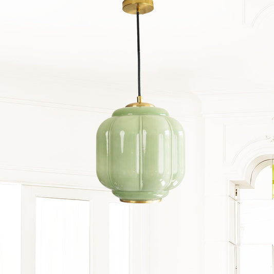 Vintage Milk Glass Pendant Lights Kitchen, Brass Color Glass Ceiling Light Fixture, Retro Industrial Pendant Lighting for Dining Room, Kitchen, Bedroom, Entryway, Hallway (Green and Gold, 7in)